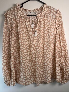 Vineyard Vines Ruffle Blouse Tassel Tie Top Tan Cream Print Size Large